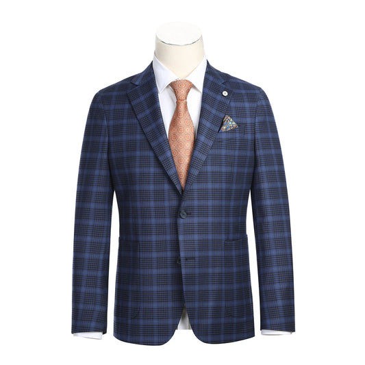 Royal Blue Plaid Slim Fit Semi-Stretch Blazer