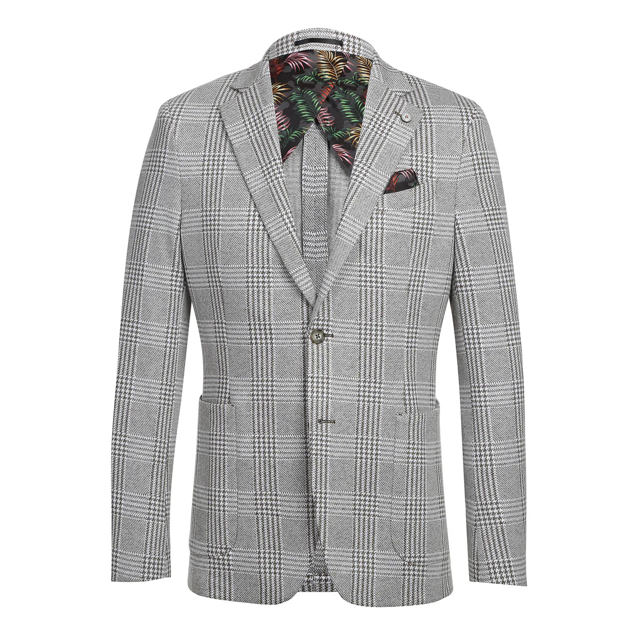 Gray Checked Slim Fit Stretch Blazer