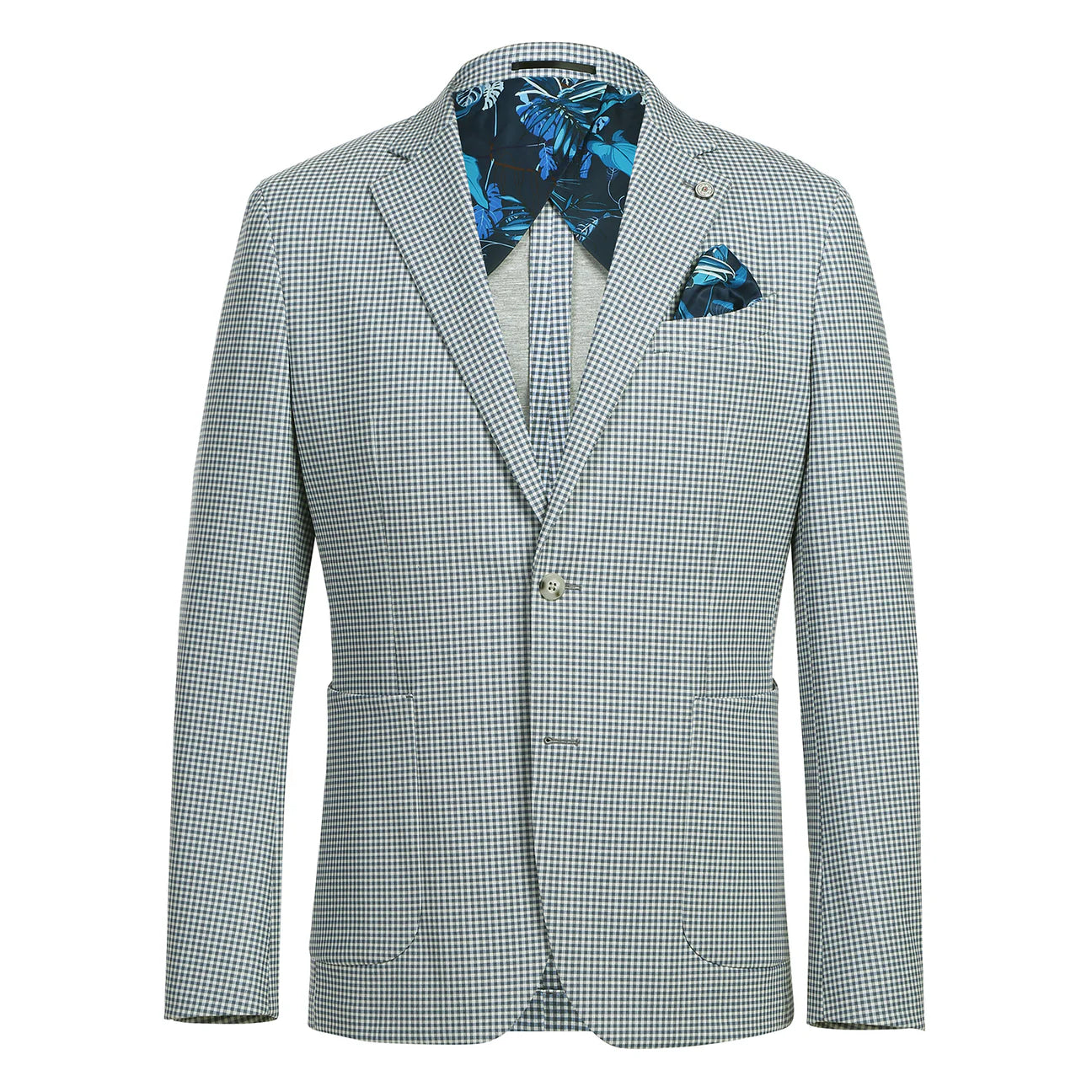 Blue White Plaid Slim Flit Stretch Blazer