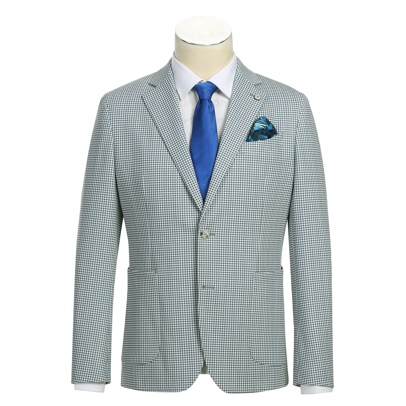 Blue White Plaid Slim Flit Stretch Blazer